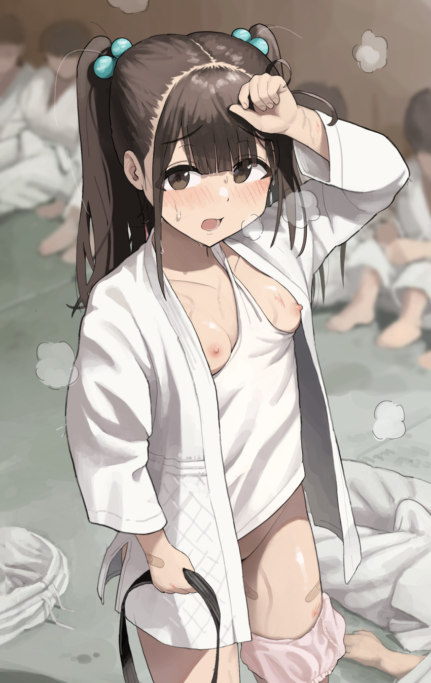 1girl 5boys arm_up bandaid bandaid_on_leg black_hair blush bottomless breasts breasts_out brown_eyes bulge center-flap_bangs collarbone commentary_request convenient_censoring cowboy_shot dougi erection erection_under_clothes hair_bobbles hair_ornament highres holding jacket karate_gi loli long_bangs long_hair long_sleeves looking_at_viewer multiple_boys nipples no_bra open_clothes open_jacket open_mouth original panties panties_around_leg pants pink_panties raised_inner_eyebrows scratches shirt sleeveless sleeveless_shirt smile solo_focus standing steam steaming_body susu_(ysy) sweat twintails underwear unworn_pants uwagi very_sweaty white_jacket white_shirt