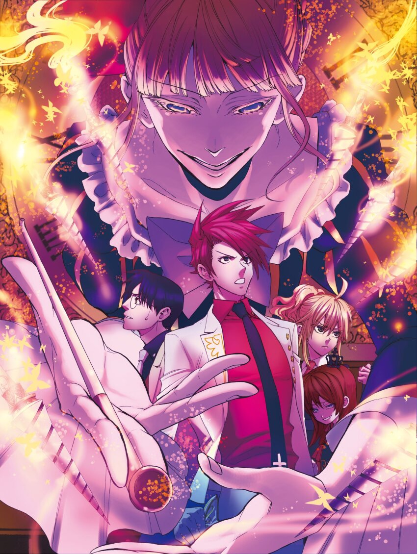 2boys 3girls beatrice_(umineko) highres multiple_boys multiple_girls natsumi_kei umineko_no_naku_koro_ni ushiromiya_battler ushiromiya_george ushiromiya_jessica ushiromiya_maria witch