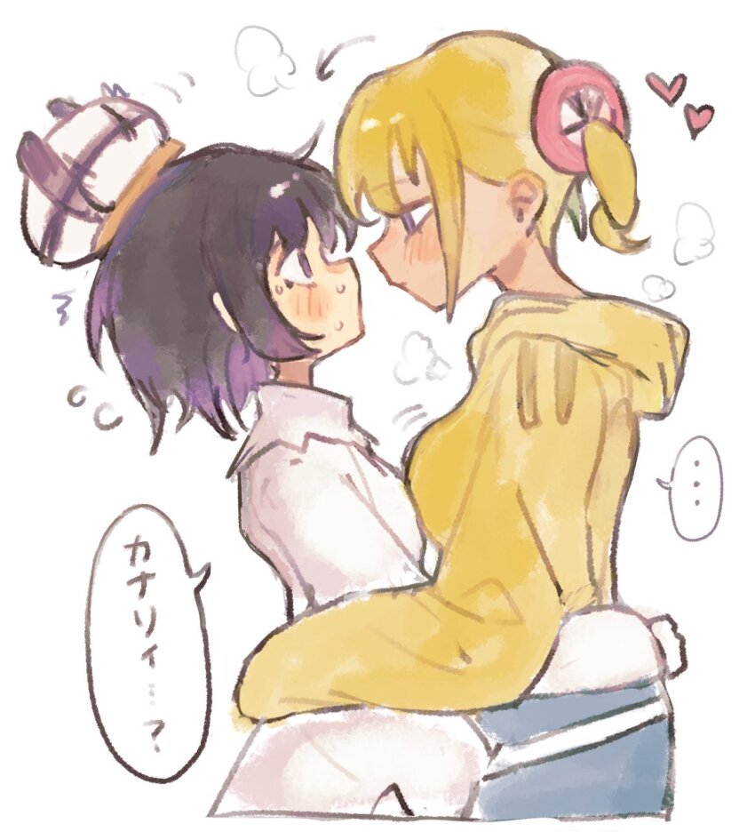 ... 2girls arms_around_waist black_hair blonde_hair blush canari_(pokemon) chamopichamo closed_mouth coat commentary flying_sweatdrops from_side gradient_hair gwynn_(pokemon) hat heart highres jacket long_sleeves looking_at_another multicolored_hair multiple_girls nintendo pokemon pokemon_legends:_z-a purple_eyes purple_hair short_hair speech_bubble spoken_ellipsis sweat translated white_background white_coat yellow_jacket yuri