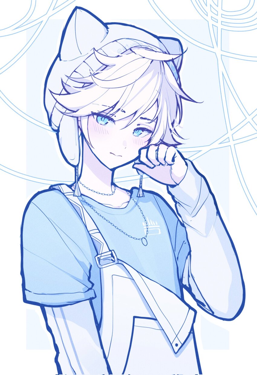 1boy ahoge animal_hat arm_at_side art_waven beanie blue_background blue_eyes blue_shirt border cat_hat chain chain_necklace closed_mouth collarbone flipped_hair hair_between_eyes hand_up hashtag-only_commentary hat head_tilt highres jewelry kagamine_len layered_sleeves long_sleeves male_focus necklace outside_border overalls pale_skin paw_pose project_sekai ribbon shirt short_over_long_sleeves short_sleeves simple_background solo swept_bangs upper_body vocaloid white_border white_hair white_hat white_overalls white_ribbon white_shirt white_theme