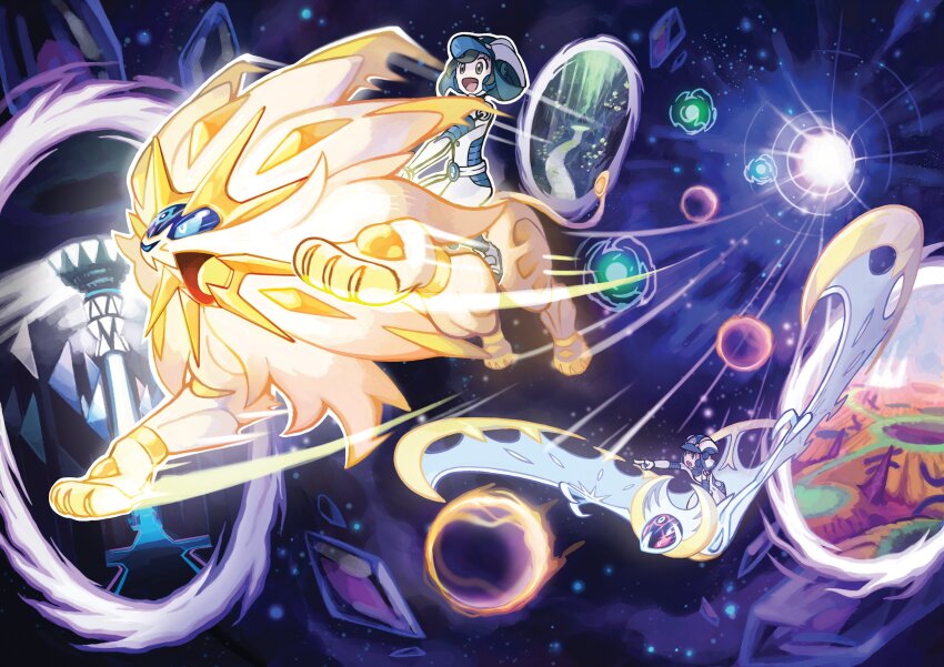 1boy 1girl :d absurdres artist_request belt black_hair blue_eyes commentary elio_(pokemon) english_commentary flying gen_7_pokemon gloves glowing grey_eyes helmet highres in-universe_location legendary_pokemon lunala motion_lines nintendo official_art open_mouth outline pointing pokemon pokemon_(creature) pokemon_usum red_eyes riding riding_pokemon second-party_source selene_(pokemon) smile solgaleo ultra_recon_squad_uniform white_belt white_gloves white_outline wormhole