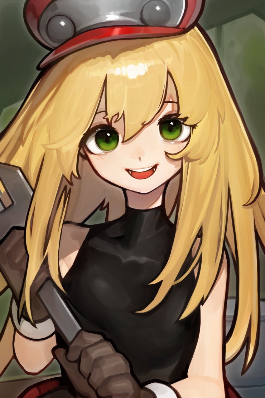 1girl absurdres black_shirt blonde_hair brown_gloves commentary gloves green_eyes hair_between_eyes hat highres hoai_vu holding holding_wrench long_hair mega_man_(series) mega_man_legends_(series) open_mouth red_hat roll_caskett_(mega_man) shirt sleeveless sleeveless_shirt smile solo teeth upper_body upper_teeth_only wrench