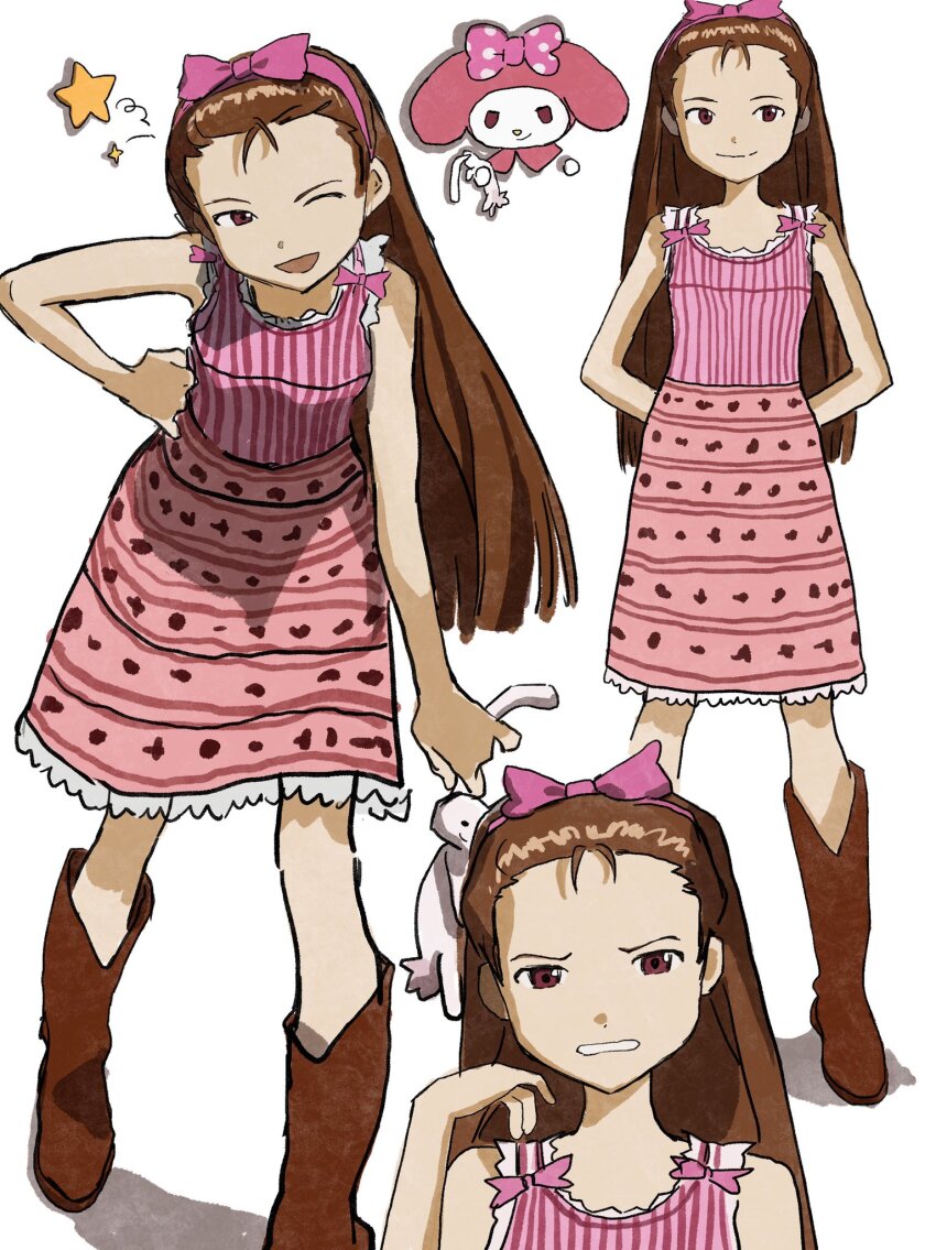 1girl aeo444 arms_behind_back bare_shoulders boots bow brown_boots brown_eyes closed_mouth hair_bow hairband highres holding holding_stuffed_toy idolmaster idolmaster_(classic) idolmaster_1 leaning_forward looking_at_viewer minase_iori multiple_views my_melody one_eye_closed onegai_my_melody open_mouth pink_bow pink_hairband pink_shirt pink_tank_top sanrio shadow shirt simple_background smile standing star_(symbol) striped_tank_top stuffed_animal stuffed_rabbit stuffed_toy tank_top usa-chan_(idolmaster) white_background