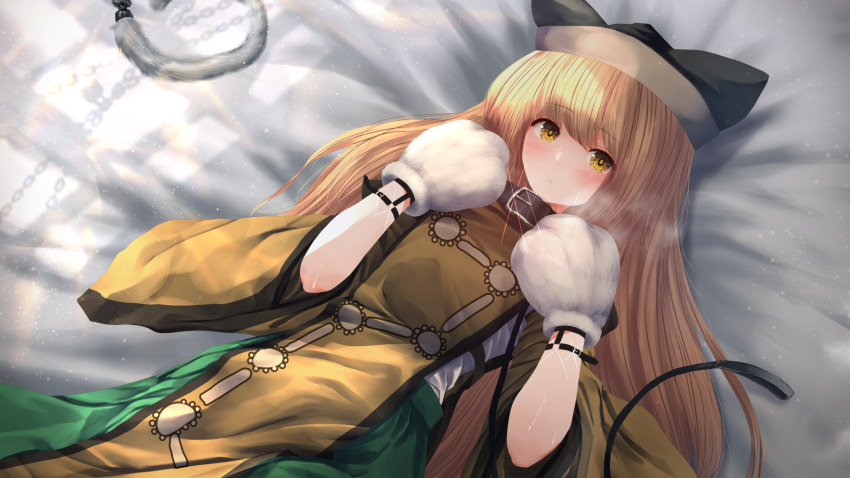 1girl anal_tail animated animated_png bdsm belt_buckle black_hat blonde_hair bondage bondage_mittens bound brown_collar buckle butt_plug collar cowboy_shot fake_tail green_skirt hat heart heart-shaped_pupils highres leash long_sleeves lying matara_okina mittens non-repeating_animation on_back on_bed open_mouth sex_toy skirt sleeves_rolled_up solo symbol-shaped_pupils tabard tail teruteru12 touhou white_mittens wide_sleeves yellow_eyes yellow_tabard