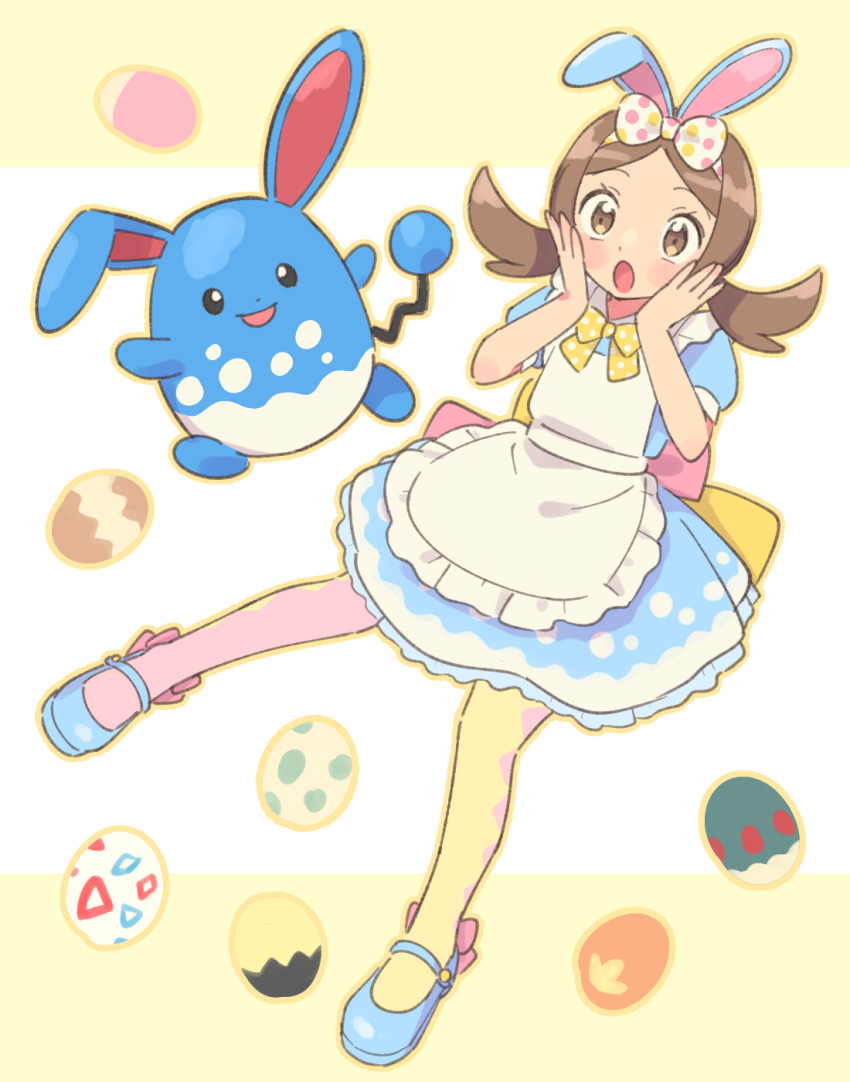 1girl :o animal_ears asymmetrical_legwear azumarill blue_dress blue_shoes bow bowtie commentary_request creatures_(company) dress egg fake_animal_ears game_freak gen_2_pokemon hands_on_own_cheeks hands_on_own_face highres lyra_(pokemon) nintendo open_mouth pokemon pokemon_(creature) pokemon_egg pokemon_hgss polka_dot_bowtie pumpkinpan rabbit_ears shoes togepi_egg yellow_bow yellow_bowtie