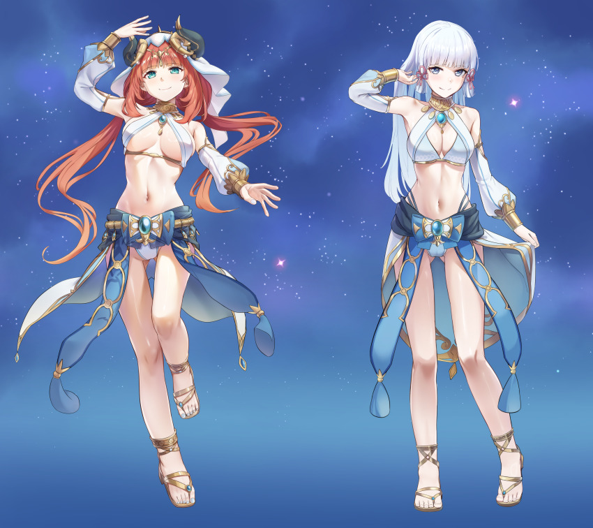 2girls absurdres aqua_eyes arm_up ayaka_(genshin_impact) blue_background blue_eyes blue_gemstone blue_nails blue_skirt blush breasts breasts_apart circlet cleavage closed_mouth commentary cosplay crop_top detached_sleeves fake_horns fingernails gem genshin_impact gold_trim highres horns long_hair long_sleeves looking_at_viewer medium_breasts multiple_girls nail_polish navel nilou_(genshin_impact) nilou_(genshin_impact)_(cosplay) noshiro_tomoya puffy_long_sleeves puffy_sleeves red_hair skirt smile stomach toenail_polish toenails veil very_long_hair white_hair white_veil
