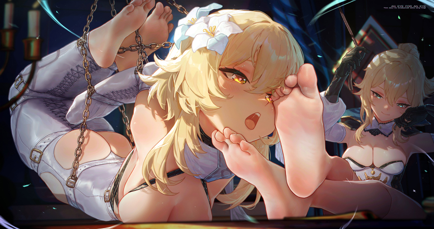 2girls barefoot bdsm blonde_hair bondage bound breasts chinese_commentary cleavage commentary_request feet flower genshin_impact hair_flower hair_ornament highres icecake jean_(genshin_impact) large_breasts lumine_(genshin_impact) multiple_girls paid_reward_available soles toes yuri