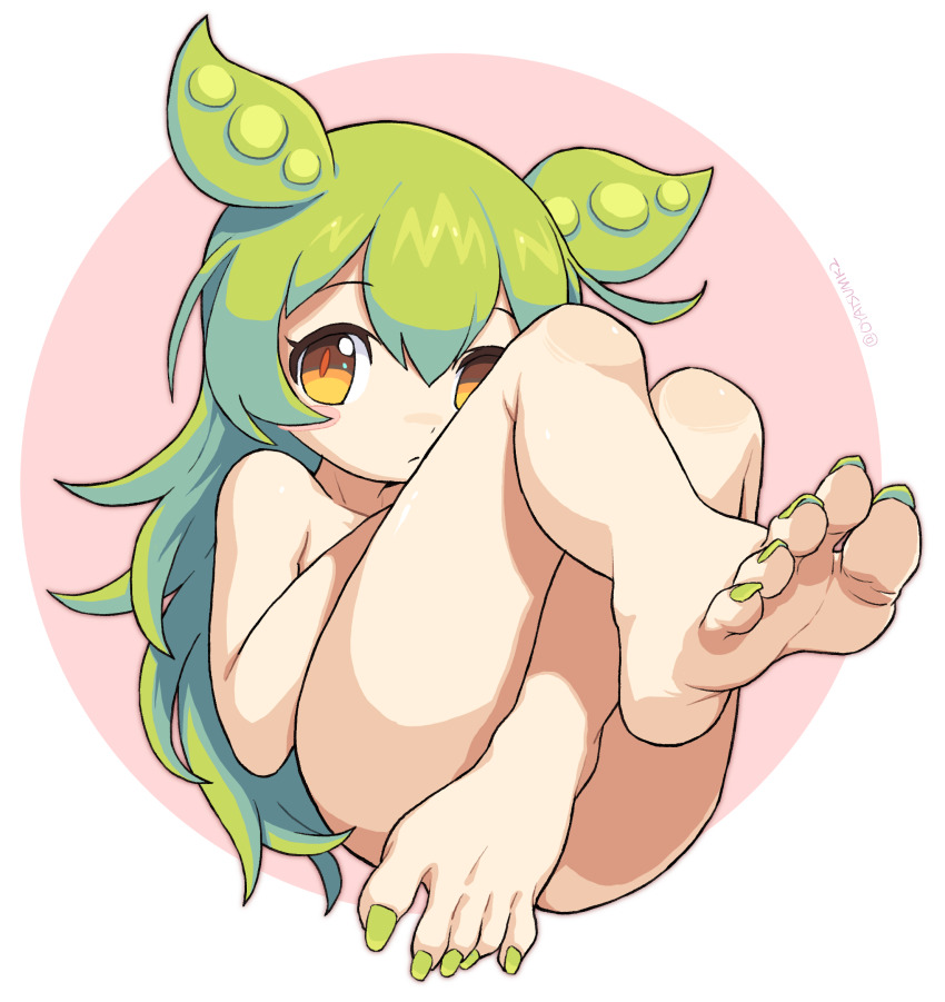 1girl barefoot completely_nude expressionless feet foot_focus full_body green_hair green_nails highres loli long_hair long_toenails looking_at_viewer nail_polish nude orange_eyes oyatsu_(mk2) pea_pod soles solo toenail_polish toenails toes voicevox zundamon