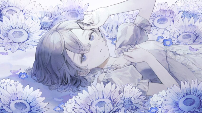 1girl amamanoban dress eyelashes flower forget-me-not_(flower) hair_between_eyes highres looking_at_viewer lying medium_hair mole mole_under_eye mole_under_mouth monochrome on_back original parted_lips petals puffy_short_sleeves puffy_sleeves purple_theme ribbon short_sleeves solo sunflower