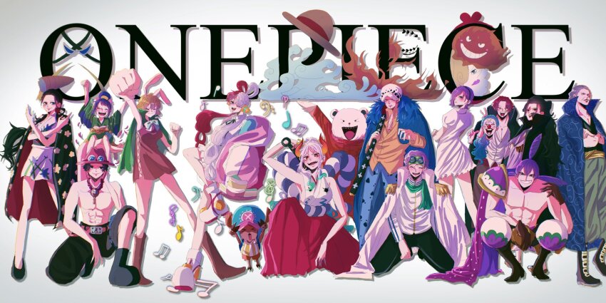6+boys 6+girls animal_ears antlers arm_up bad_id bad_twitter_id bear benn_beckman bepo_(one_piece) black_shorts blue_cape brown_gloves buggy_the_clown cape carrot_(one_piece) charlotte_cracker child coat coat_on_shoulders copyright_name cross crossed_arms devil_fruit_power dress epaulettes full_body gloves hakama haori hat headphones hera_(one_piece) highres holding_detached_head horns izou_(one_piece) jacket japanese_clothes jumpsuit kimono kneeling koby_(one_piece) kurozumi_tama looking_back multicolored_hair multiple_boys multiple_girls musical_note nico_robin nico_robin_(wano) one_piece one_piece_film:_red orange_jumpsuit pink_hair ponytail portgas_d._ace prometheus_(one_piece) purple_hair rabbit_ears rabbit_girl red_hair red_hakama red_nose reindeer_antlers ri_fanart rope shanks_(one_piece) shimenawa shirt shorts sleeveless sleeveless_kimono squatting straw_hat tony_tony_chopper topless_male trafalgar_law twintails two-tone_hair uta_(one_piece) vinsmoke_reiju white_coat white_hair yamato_(one_piece) yellow_shirt