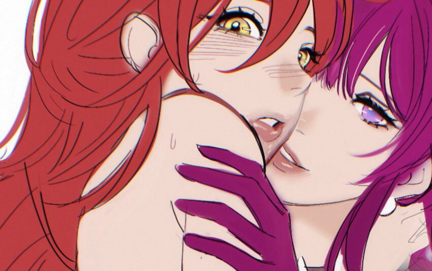2girls commentary earrings english_commentary gloves hand_on_another&#039;s_shoulder himeko_(honkai:_star_rail) honkai:_star_rail honkai_(series) jewelry kafka_(honkai:_star_rail) looking_at_viewer multiple_girls parted_lips purple_eyes purple_gloves purple_hair red_hair simple_background sweatdrop unfinished white_background yellow_eyes ymr18 yuri