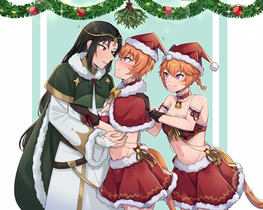 1boy 2girls :3 alternate_costume animal_ears bell black_hair blush bow bowtie braid breasts cape cat_ears cat_girl cat_tail circlet cleavage collar facepaint facial_mark fire_emblem fire_emblem:_path_of_radiance fire_emblem:_radiant_dawn forehead_mark fur_trim gloves green_cape highres holding_another&#039;s_arm holly laguz_(fire_emblem) lethe_(fire_emblem) long_hair lyre_(fire_emblem) midriff mistletoe multiple_girls neck_bell nintendo orange_hair orange_tail purple_eyes pushing red_eyes red_ribbon ribbon robe santa_costume siblings sisters skirt small_breasts soren_(fire_emblem) tail twins whisker_markings wide_sleeves witchi yellow_bow yellow_bowtie