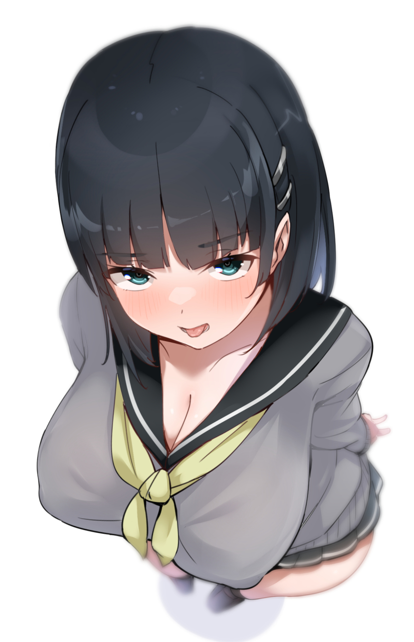 1girl black_eyes black_hair black_sailor_collar blush breasts cleavage commentary curvy drooling foreshortening from_above hair_ornament highres kirigaya_suguha large_breasts looking_at_viewer neckerchief no_dickey sailor_collar school_uniform serafuku short_hair simple_background solo standing sword_art_online symbol-only_commentary textless_version tongue tongue_out white_background wide_hips xlyami yellow_neckerchief