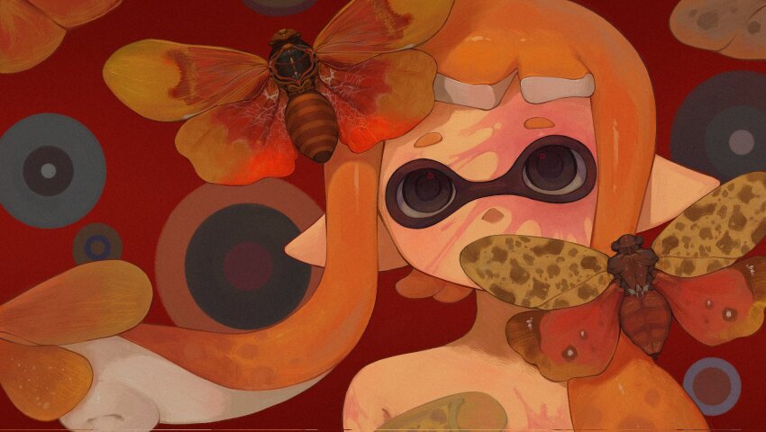 1girl black_eyes bug butterfly commentary covered_mouth empty_eyes highres inkling inkling_girl inkling_player_character insect liang_cun_rakuna long_hair looking_up nintendo nude orange_hair paint_on_body paint_splatter paint_splatter_on_face pointy_ears red_background solo splatoon_(series) suction_cups symbol-only_commentary tagme tentacle_hair twintails