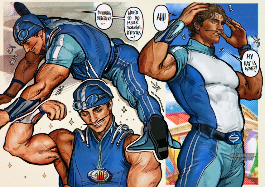 1boy artist_name ass bara belt biceps blue_eyes blush brown_hair facial_hair gauntlets goggles goggles_on_head hat highres huge_ass lazytown male_focus manly mature_male multiple_views muscular muscular_arms muscular_male mustache pants pectorals shirt shoes short_hair signature sleeveless sportacus spread_legs stretching sweat sweatdrop t-shirt thick_eyebrows thighs tight_clothes umikochannart veins
