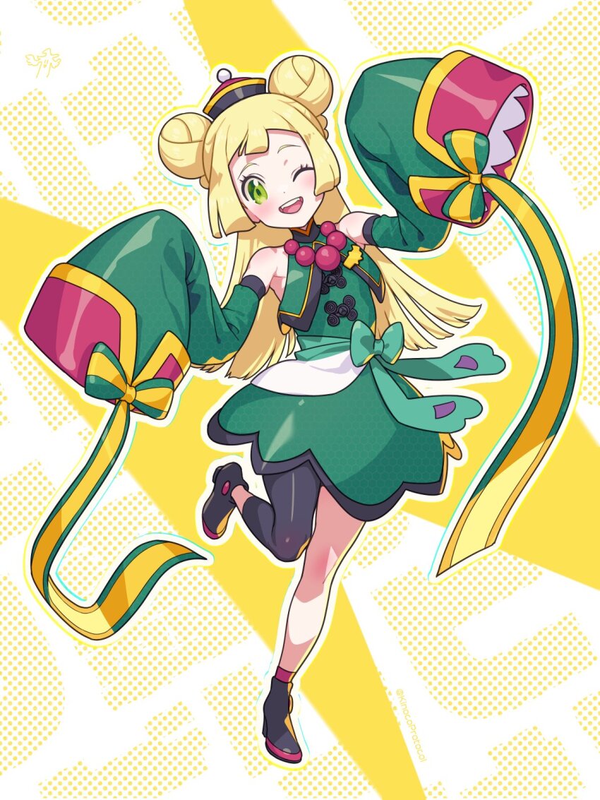 alternate_costume black_shoes blonde_hair cosplay green_eyes highres iono_(fall_2024)_(pokemon) iono_(pokemon) iono_(pokemon)_(cosplay) kinocopro lillie_(pokemon) nintendo one_eye_closed pokemon pokemon_masters_ex pokemon_sm shoes solo