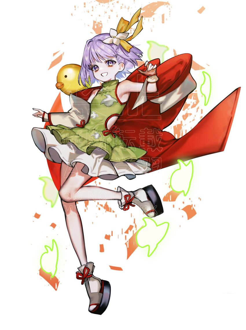 1girl absurdres albino_(a1b1n0623) bare_shoulders dress fate/grand_order fate_(series) flat_chest full_body highres kazuradrop_(fate) looking_at_viewer okobo platform_sandals purple_eyes purple_hair sandals short_hair smile solo