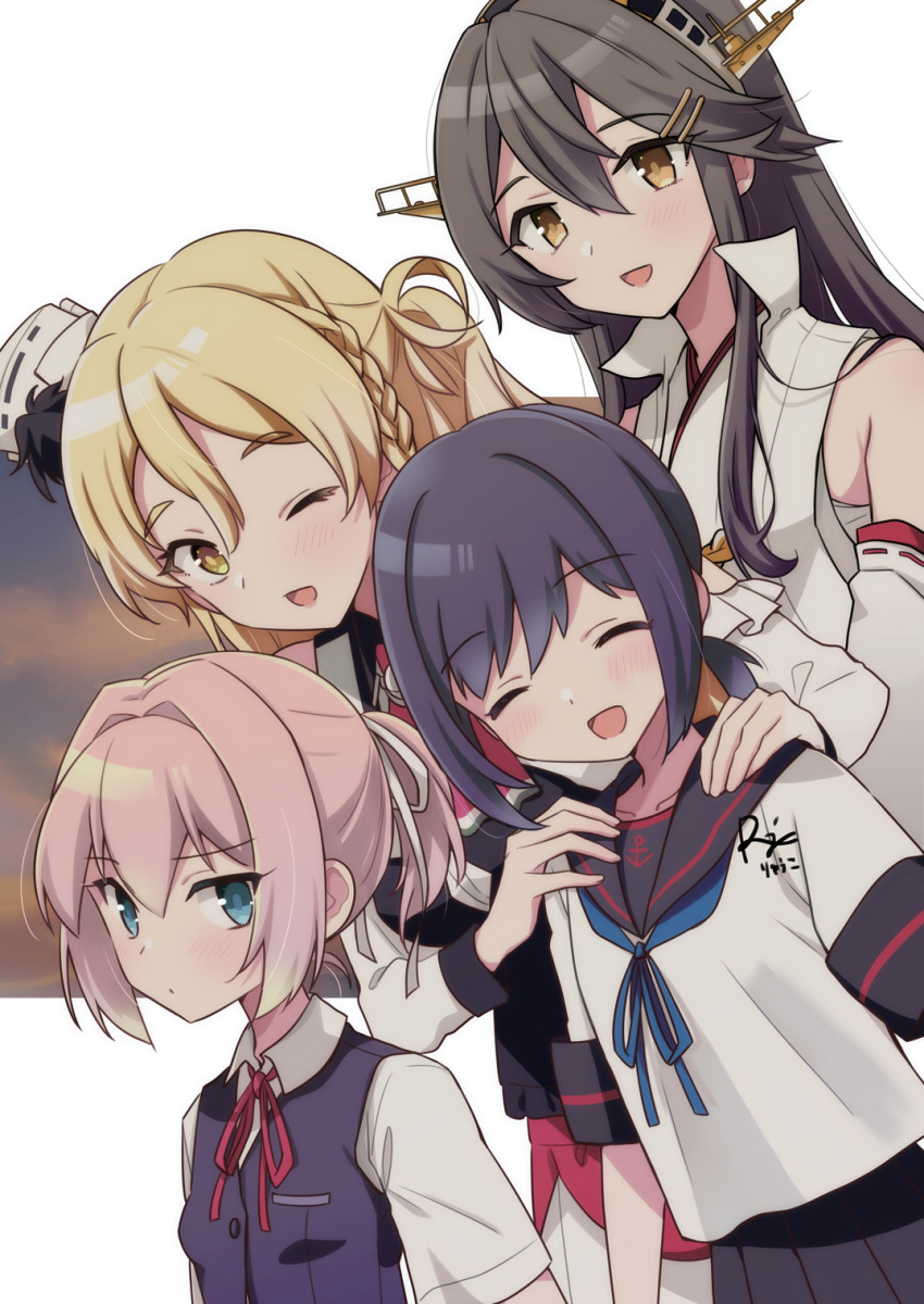 4girls black_hair black_sailor_collar black_vest blue_eyes blue_neckerchief blue_skirt braid brown_eyes collared_shirt commentary_request detached_sleeves dress_shirt fubuki_(kancolle) fubuki_kai_ni_(kancolle) haruna_(kancolle) haruna_kai_ni_(kancolle) hat headgear highres kantai_collection long_hair medium_hair multiple_girls neckerchief pink_hair popped_collar r-king ribbon-trimmed_sleeves ribbon_trim sailor_collar sailor_shirt school_uniform serafuku shiranui_(kancolle) shiranui_kai_ni_(kancolle) shirt short_hair skirt smile tilted_headwear upper_body vest white_hat white_shirt yellow_eyes zara_(kancolle) zara_due_(kancolle)