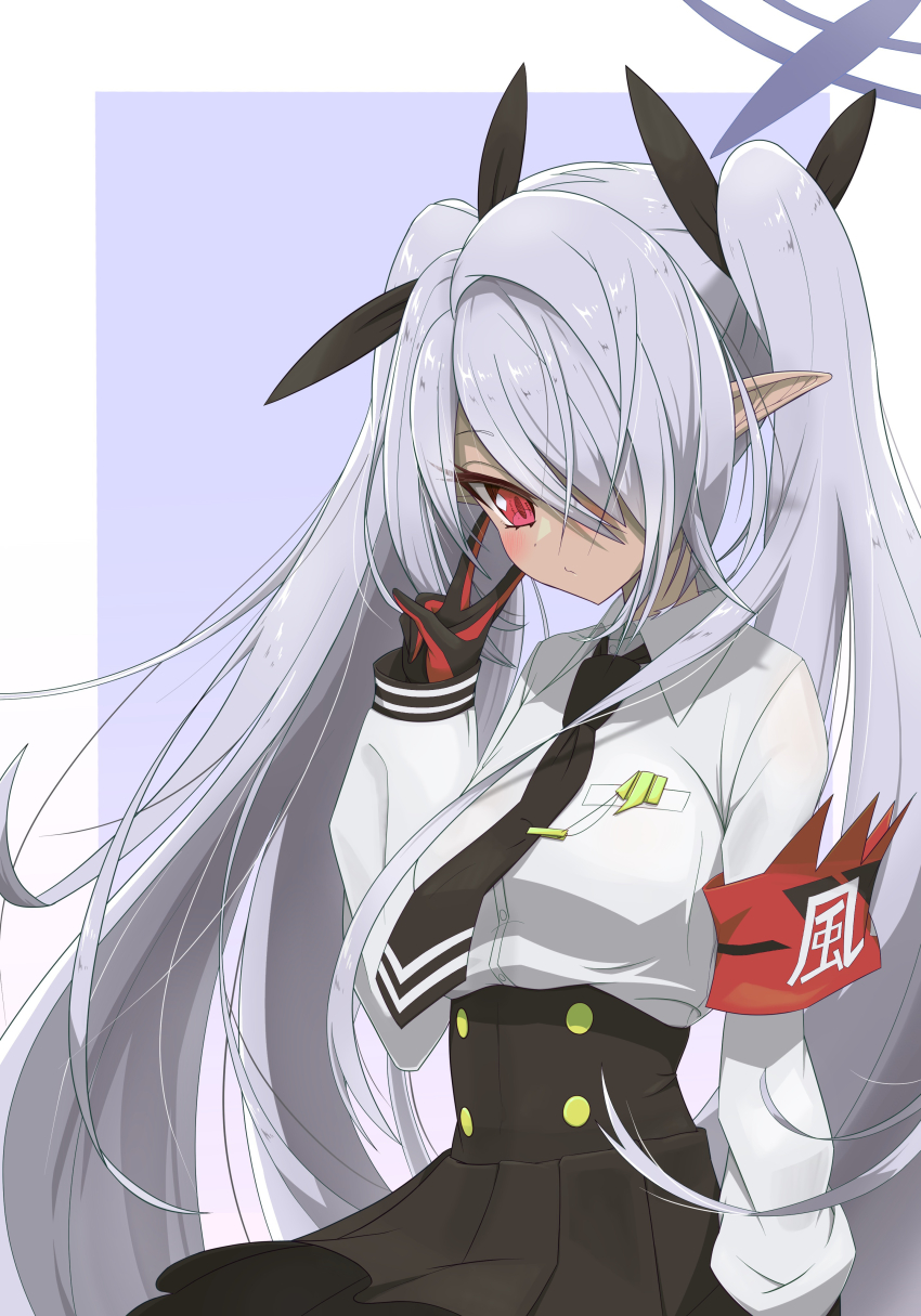 1girl absurdres armband black_bow black_necktie blue_archive blue_background blush border bow buttons closed_mouth collared_shirt commentary cowboy_shot dark-skinned_female dark_skin double-breasted eyelashes grey_hair hair_bow hair_over_one_eye halo hand_up high-waist_skirt highres iori_(blue_archive) kimagurain light_frown long_bangs long_hair long_sleeves looking_at_viewer necktie outside_border pointy_ears purple_halo red_armband red_eyes school_uniform shirt simple_background skirt solo story_in_commentary twintails v very_long_hair white_border white_shirt