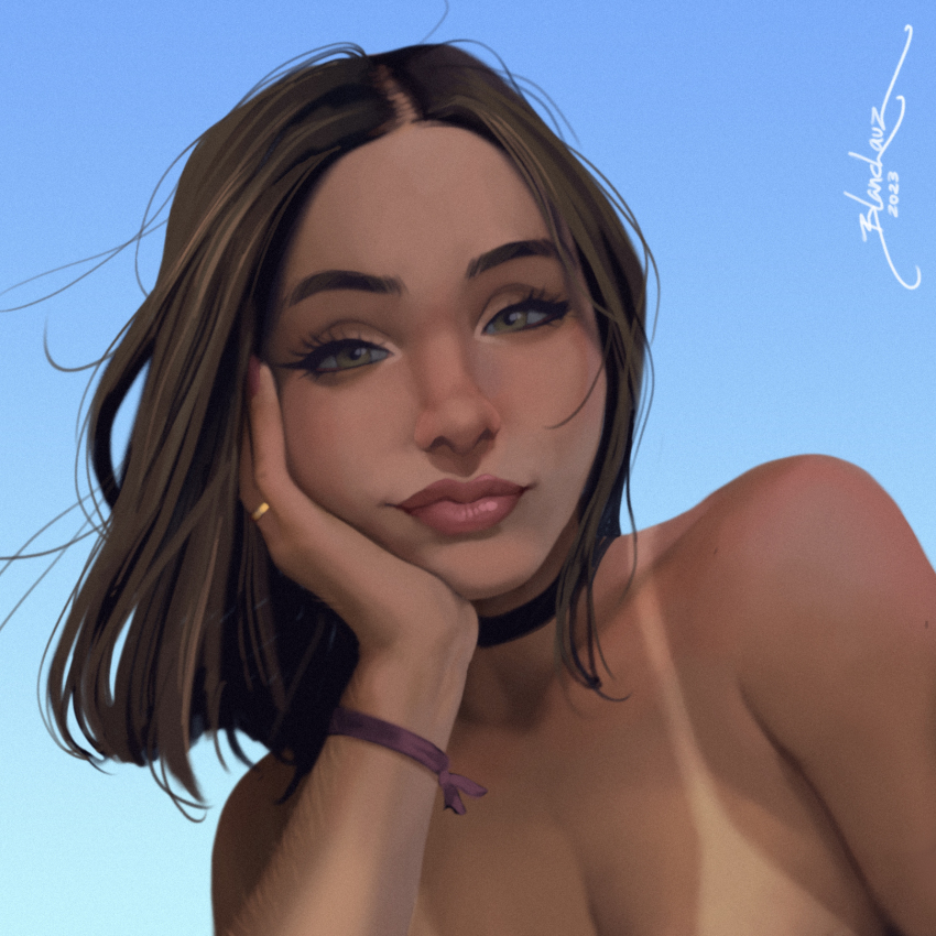 1girl arm_hair bikini_tan black_choker blanclauz blue_background blue_sky breasts brown_hair choker cleavage close-up commentary english_commentary eyelashes green_eyes highres jewelry lips looking_at_viewer medium_breasts medium_hair nina_(blanclauz) nose nude original out-of-frame_censoring parted_hair pink_lips realistic ribbon ring selfie signature sky solo tan tanline thick_eyebrows wedding_ring wind wrist_ribbon
