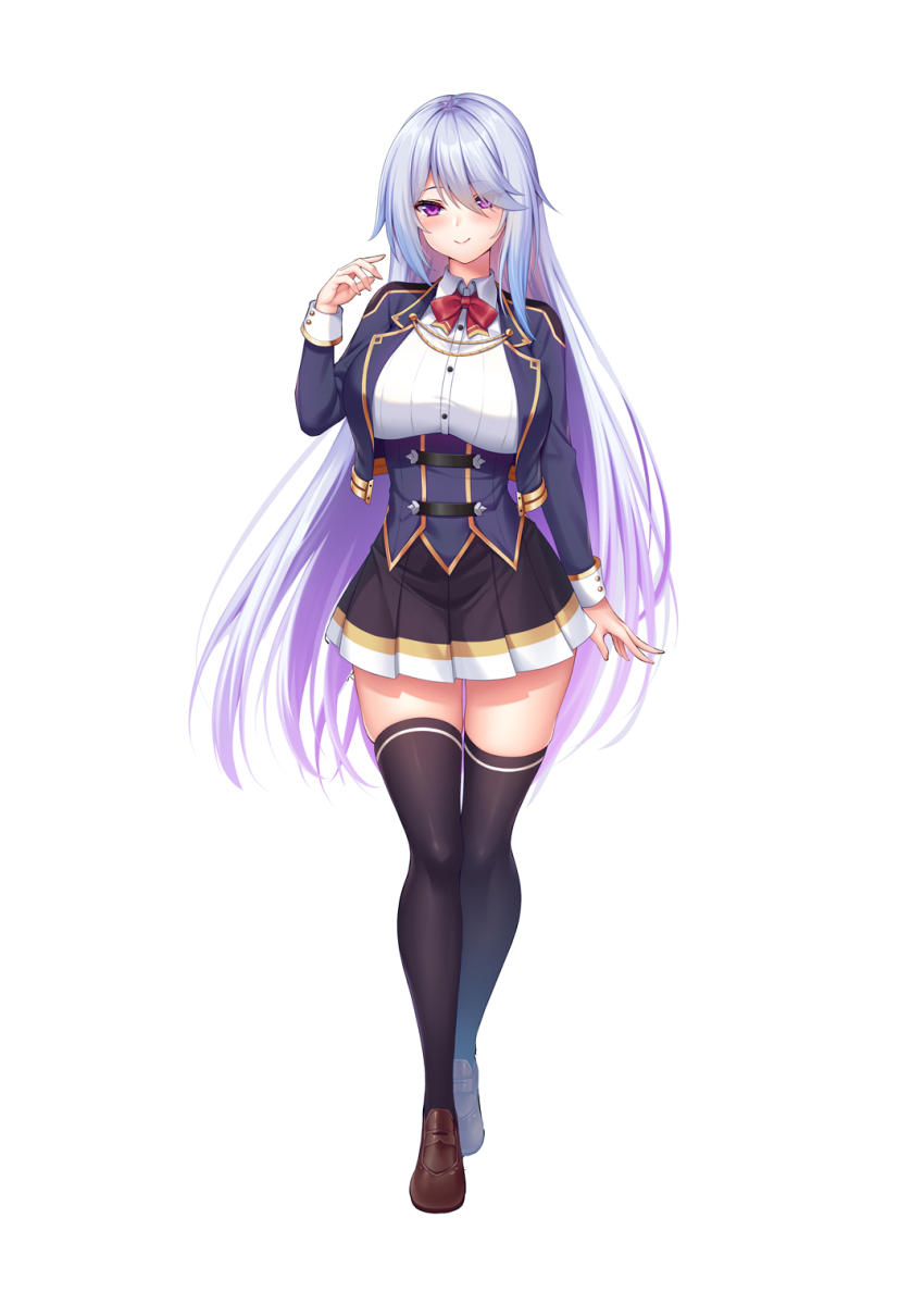 1girl black_skirt black_thighhighs blue_jacket blush bow breasts brown_shoes closed_mouth commentary_request cropped_jacket full_body grey_hair hair_over_one_eye hand_up highres jacket large_breasts loafers looking_at_viewer open_clothes open_jacket original pleated_skirt purple_eyes red_bow shirt shoes simple_background skirt smile solo standing thighhighs white_background white_shirt yuunagi_(0217)