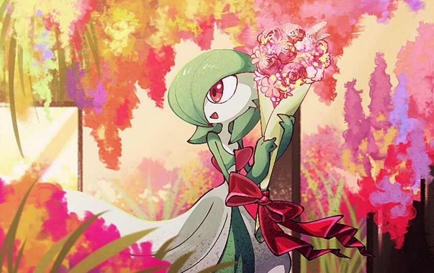 1girl bob_cut bouquet bow colored_skin commentary_request day flower gardevoir gen_3_pokemon grass green_hair green_skin hair_over_one_eye happy holding holding_bouquet leaf looking_to_the_side multicolored_skin nintendo open_mouth outdoors pink_flower pokemon pokemon_(creature) red_bow red_eyes short_hair smile solo standing takenokonoko two-tone_skin white_skin