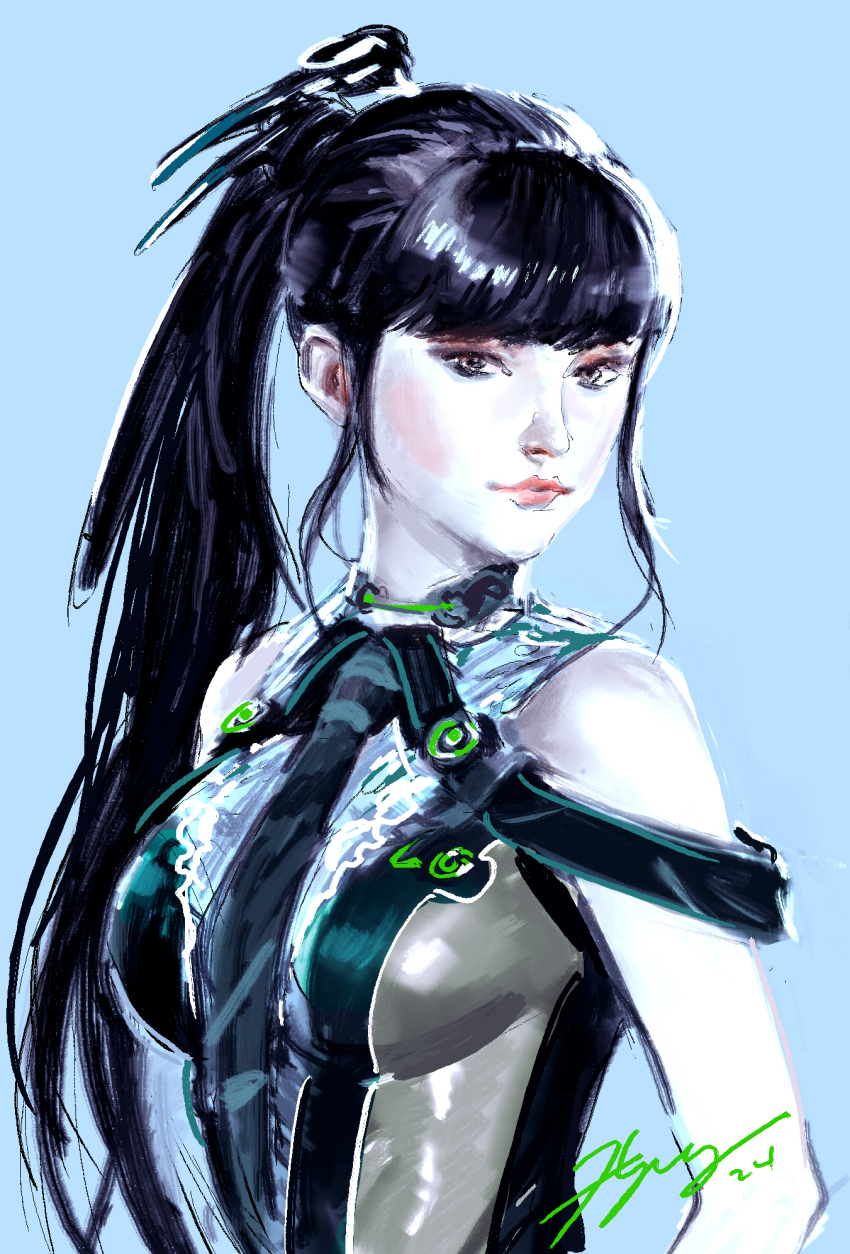 1girl bare_arms bare_shoulders black_hair blue_background bodysuit breasts brown_eyes commentary derivative_work eve_(stellar_blade) green_bodysuit highres long_hair looking_at_viewer medium_breasts nam_hyoung_taek planet_diving_suit_(7th)_(stellar_blade) ponytail simple_background solo stellar_blade third-party_source upper_body