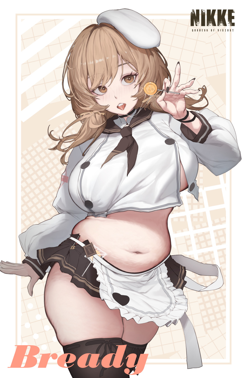 1girl absurdres apron beret black_nails black_neckerchief black_skirt black_thighhighs blush bready_(nikke) breasts brown_eyes brown_hair candy cellulite character_name crop_top eyelashes food goddess_of_victory:_nikke hat highres holding holding_candy holding_food holding_lollipop houh888 large_breasts logo lollipop long_sleeves miniskirt nail_polish navel neckerchief open_mouth pleated_skirt saliva saliva_trail simple_background skirt solo stomach teeth thighhighs upper_teeth_only waist_apron white_apron white_hat