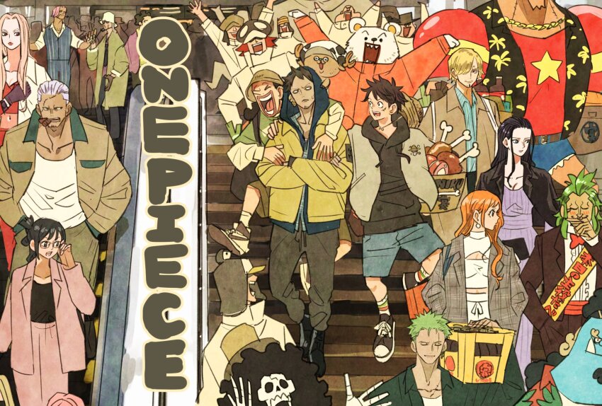 4girls 6+boys afro antlers arms_up bartolomeo bear bepo_(one_piece) black_hair black_jacket black_shirt blonde_hair blue_skin boots bow bowtie brook_(one_piece) bush chain closed_mouth colored_skin commentary_request copyright_name crossed_arms curly_eyebrows earrings facial_hair food franky_(one_piece) fullbody_(one_piece) glasses gloves goatee green_hair hair_bun hair_over_one_eye halterneck hands_in_pockets hat helmeppo highres hina_(one_piece) holding hood hoodie horns hug hug_from_behind jacket jacket_on_shoulders jango_(one_piece) jean_bart_(one_piece) jewelry jinbe_(one_piece) jumpsuit koby_(one_piece) long_hair looking_at_another meat monkey_d._luffy multiple_boys multiple_girls nami_(one_piece) nico_robin one_piece orange_hair orange_jumpsuit pants pearl_earrings penguin_(one_piece) pink_hair pink_jacket pink_pants reindeer_antlers roronoa_zoro sanji_(one_piece) scar scar_on_face shachi_(one_piece) shirt short_hair skeleton smoker_(one_piece) stitched_face stitches straw_hat striped_clothes sweatdrop takeuchi_ryousuke tashigi tony_tony_chopper trafalgar_law usopp vertical-striped_clothes white_jumpsuit