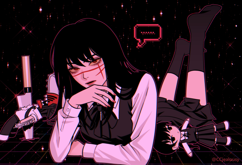 ... 1girl artist_name black_background black_hair chainsaw chainsaw_man character_doll commentary cross_scar czy_(2894456992) denji_(chainsaw_man) doll dress english_commentary facial_scar feet_up fourth_east_high_school_uniform knife long_hair looking_at_viewer mitaka_asa neck_ribbon pinafore_dress ribbon scar scar_on_cheek scar_on_face scar_on_nose school_uniform sleeveless sleeveless_dress socks solo spoken_ellipsis twitter_username yoru_(chainsaw_man)