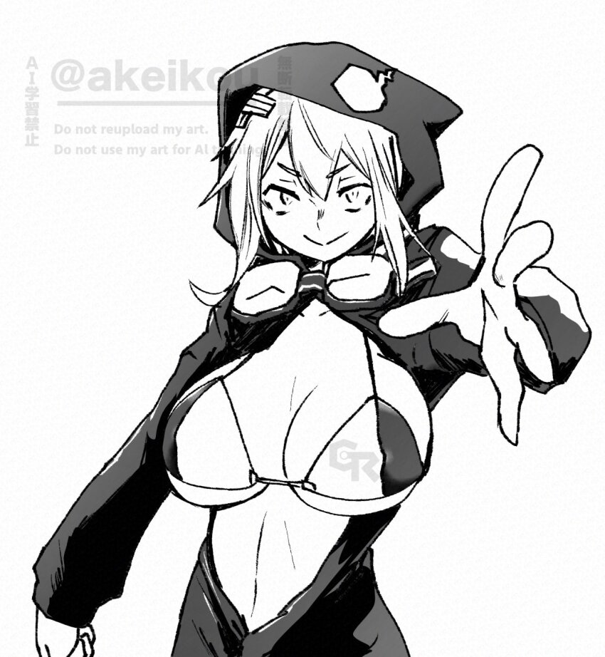 1girl akeikou breasts digimon digimon_world_re:digitize female_focus goggles goggles_around_neck hair_ornament hairclip highres hood hoodie large_breasts looking_at_viewer medium_hair shinomiya_rina tagme watermark