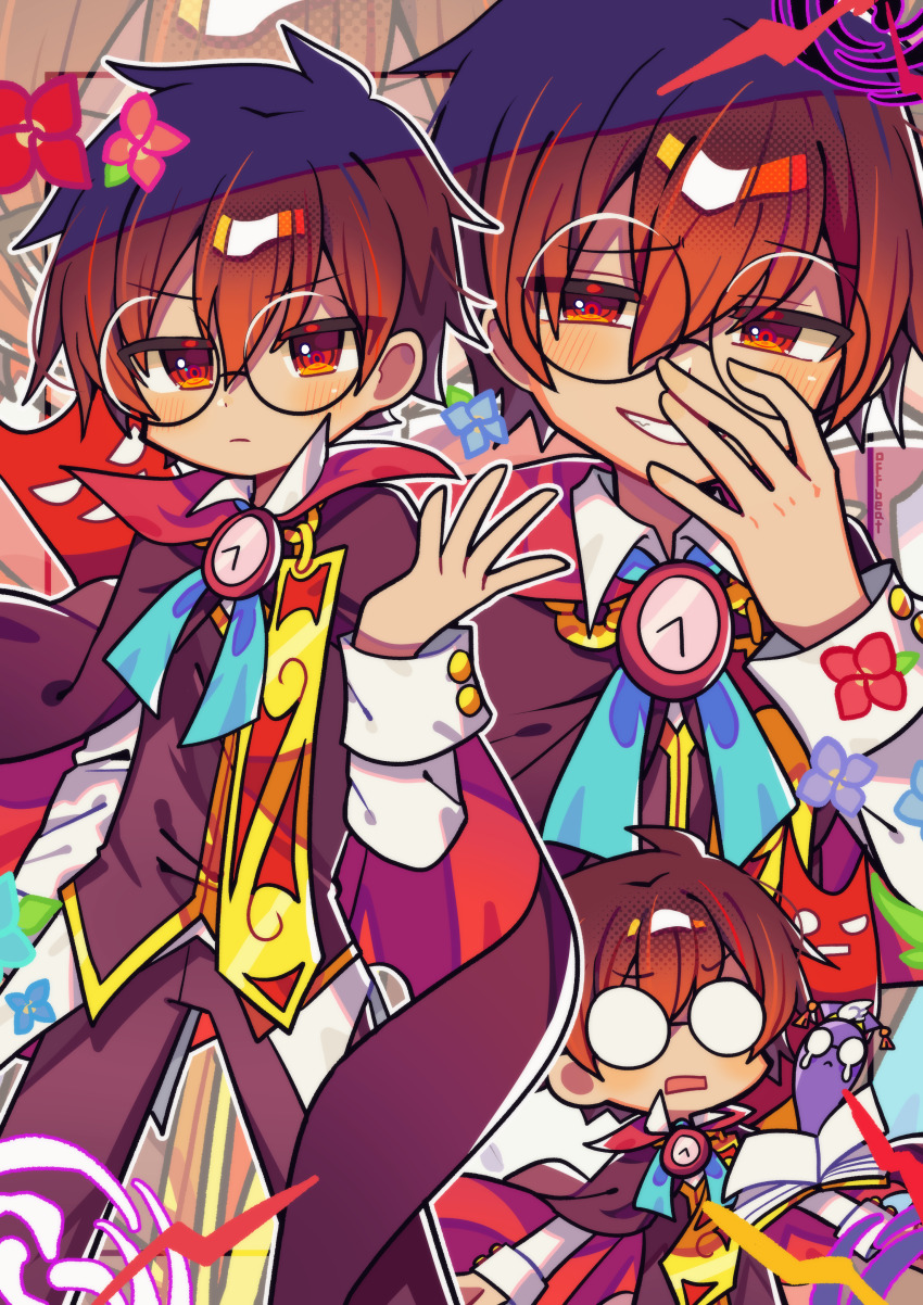 1boy absurdres black-framed_eyewear black_pants brown_hair chibi closed_mouth glasses grin highres klug_(puyopuyo) long_sleeves looking_at_viewer male_focus offbeat open_mouth pants parted_lips puyopuyo red_eyes round_eyewear short_hair smile solo strange_klug teeth