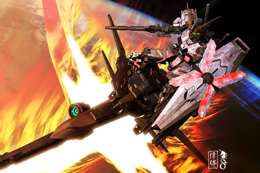 aircraft airplane beam_rifle cannon delta_plus earth_(planet) energy_gun gun gundam gundam_unicorn highres mecha no_humans nt-d orbit orbital_drop planet robot sandrum shield unicorn_gundam weapon