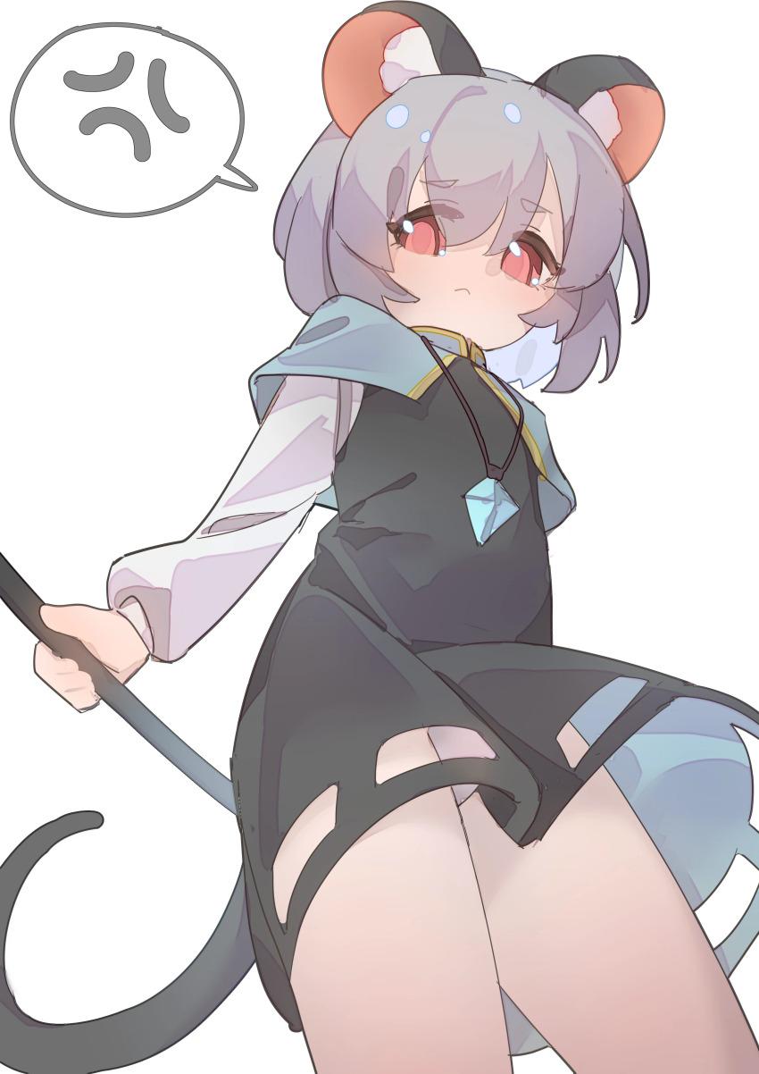 1girl absurdres anger_vein animal_ears black_dress blue_capelet capelet closed_mouth crystal dowsing_rod dress grey_hair gumingdi_ban hair_between_eyes highres holding jewelry long_sleeves looking_at_viewer mouse_ears mouse_girl mouse_tail nazrin necklace panties pendant red_eyes shirt short_hair simple_background solo speech_bubble spoken_anger_vein tail touhou underwear white_background white_panties white_shirt