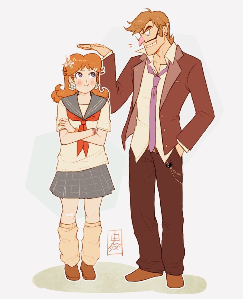 1boy 1girl black_pants blue_eyes brown_hair brown_shoes crossed_arms earrings facial_hair flower_earrings grey_background highres jewelry leg_warmers long_hair mario_(series) mustache neckerchief necktie nintendo onirizu pants pointy_ears princess_daisy purple_necktie red_neckerchief school_uniform shoes simple_background skirt waluigi