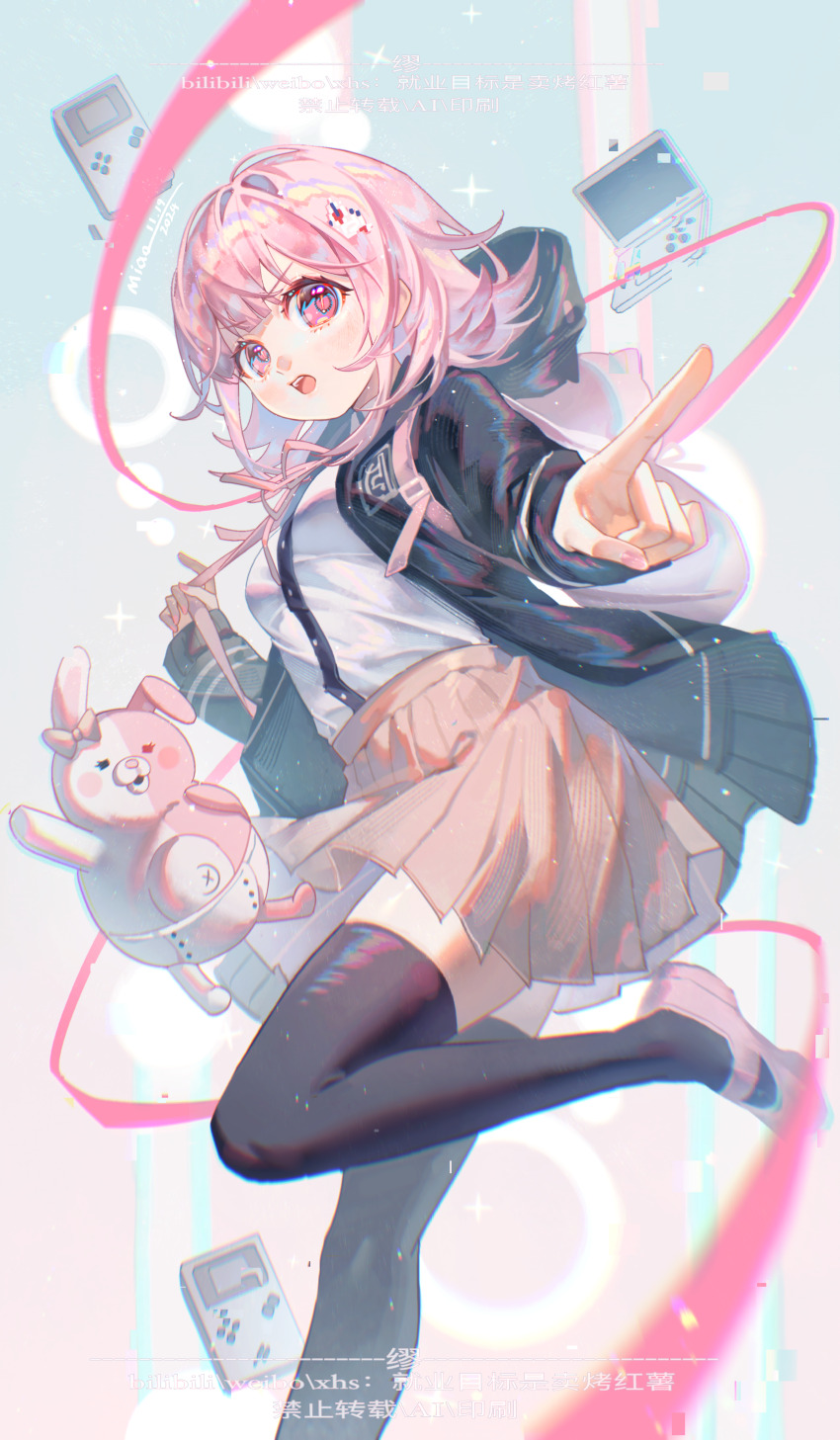 1girl :o absurdres blush bow breasts brown_hair collared_shirt danganronpa_(series) danganronpa_2:_goodbye_despair diaper ear_bow flipped_hair galaga hair_ornament highres hood jacket jiuye_mubiao_shi_mai_kao_hongshu long_sleeves looking_at_viewer medium_hair monomi_(danganronpa) nanami_chiaki neck_ribbon open_clothes open_jacket pink_eyes pink_ribbon pink_shoes pleated_skirt pointing pointing_at_viewer ribbon shirt shoes skirt solo teeth thighhighs tongue upper_teeth_only white_shirt