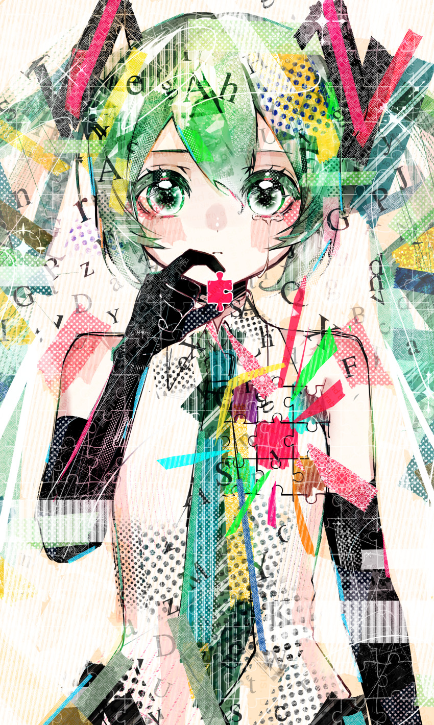 1girl absurdres aqua_eyes aqua_necktie bare_shoulders ben-day_dots black_gloves blush collared_shirt crying crying_with_eyes_open gloves hatsune_miku highres jigsaw_puzzle light_frown looking_at_viewer multicolored_hair necktie puzzle puzzle_(vocaloid) puzzle_piece screentones shirayuki_towa shirt sidelocks sleeveless sleeveless_shirt solo tears twintails vocaloid white_shirt