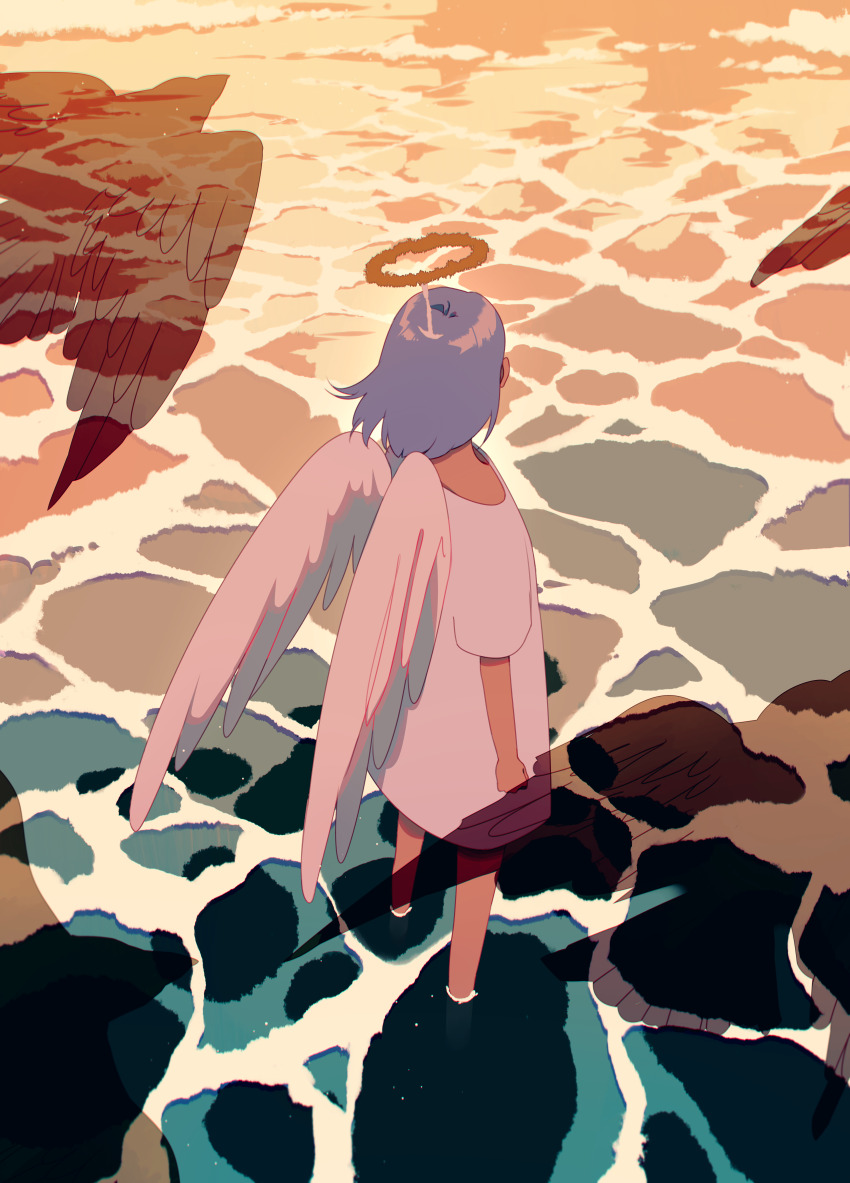 1girl absurdres angel angel_wings beach bird clenched_hand crow dress feathered_wings from_behind halo highres jauni_(tofublock) loose_clothes medium_hair ocean original partially_submerged purple_hair shadow short_sleeves solo standing transparent_animal wading water waves white_dress white_wings wings yellow_halo