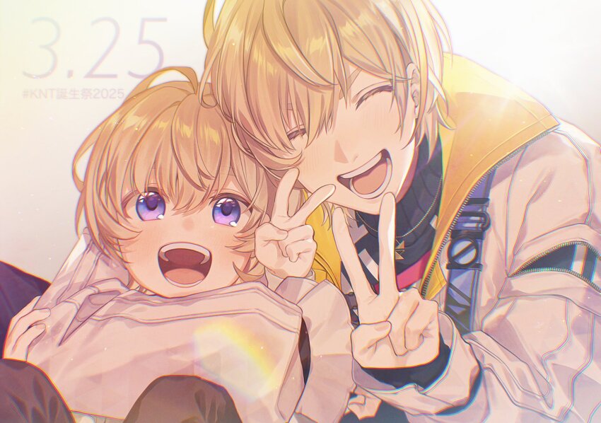 2boys :d ^_^ aged_down ahoge arm_around_neck black_shirt blonde_hair blush child chromatic_aberration closed_eyes coat commentary_request dated dual_persona fura_kanato fura_kanato_(1st_costume) gold_necklace hair_between_eyes hand_up highres jewelry kaburagi_(pnoir087) light_particles long_sleeves looking_at_viewer male_focus multiple_boys necklace nijisanji open_clothes open_coat open_mouth orange_hair purple_eyes shirt short_hair sleeves_past_fingers sleeves_past_wrists smile teeth turtleneck two-sided_coat two-sided_fabric v virtual_youtuber white_background white_coat zipper