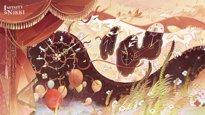 6+girls absurdres artist_request balloon castle clock confetti copyright_name curtains fish flower flying_fish highres infinity_nikki logo multiple_girls nikki_(series) official_art official_wallpaper second-party_source silhouette streamers sunset walking water wheat_field white_flower