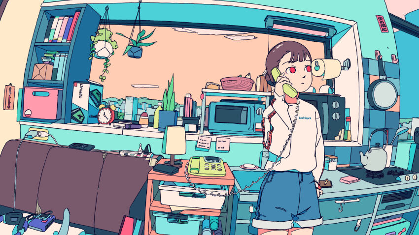 1girl akabane_1999 alarm_clock analog_clock antique_phone blue_shorts board_game book bookshelf box brown_hair cable clock closed_mouth corded_phone cowboy_shot denim denim_shorts desk desk_lamp digital_media_player english_text flat_color frying_pan hair_bun highres holding holding_phone hook indoors kettle ladle lamp ligne_claire long_sleeves looking_to_the_side microwave note original pen phone plant potted_plant red_eyes reversi shelf shorts single_hair_bun slice_of_life solo standing stove sweater table tail talking_on_phone television thermometer toilet_paper white_sweater window