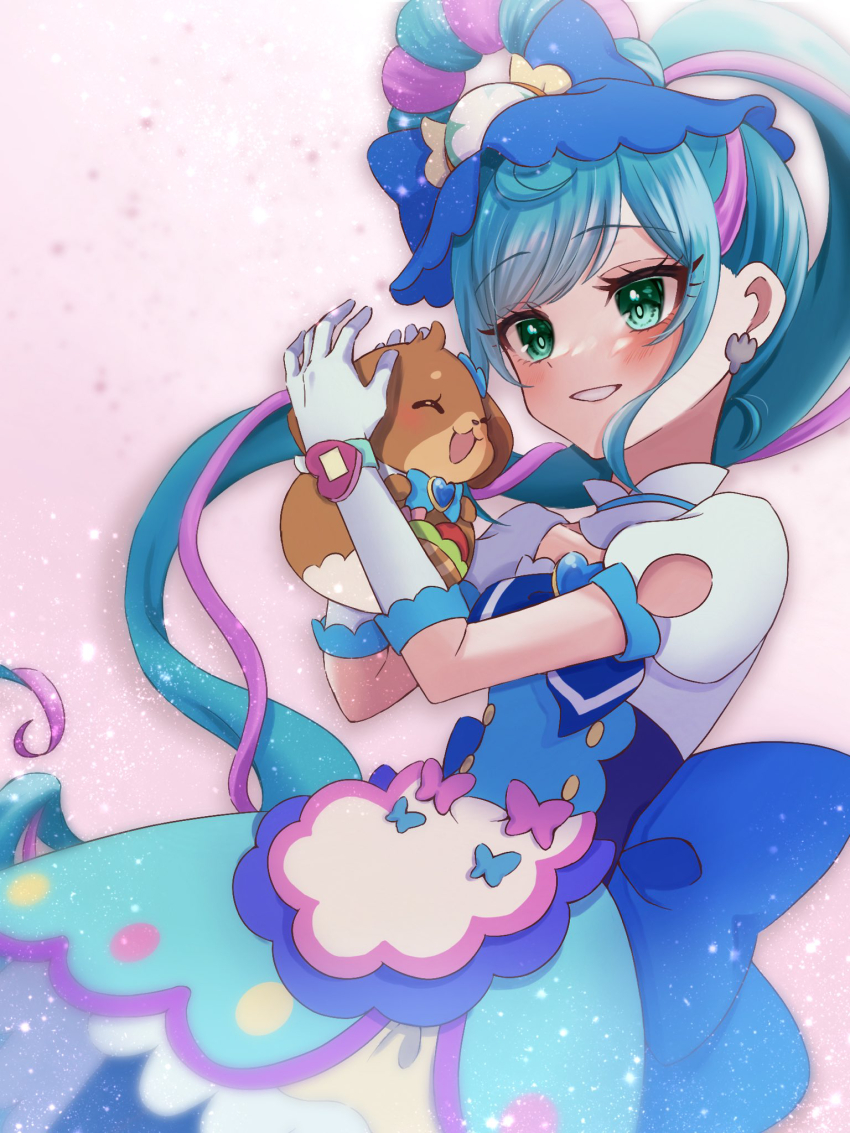 1girl aqua_eyes blue_bow blue_hair blush bow brooch cure_spicy delicious_party_precure dog dress earrings fairy fuwa_kokone gloves hair_bow heart heart_brooch highres jewelry long_hair magical_girl multicolored_hair open_mouth pam-pam ponytail precure puffy_short_sleeves puffy_sleeves shigen_pr short_sleeves solo two-tone_dress two-tone_hair white_gloves