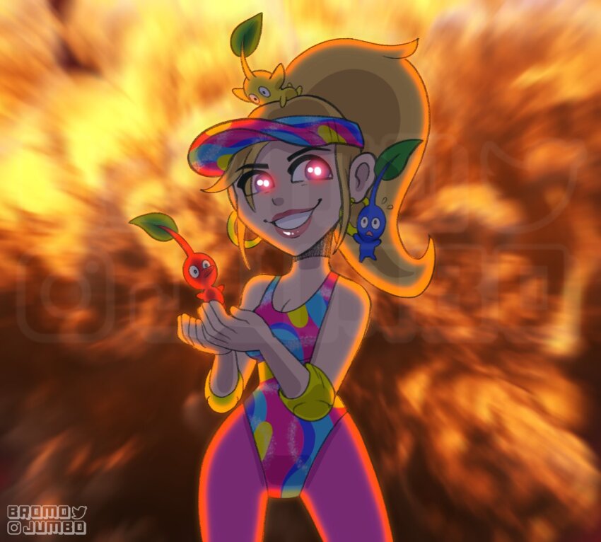 1girl barbenheimer_(meme) barbie_(character) barbie_(franchise) barbie_(live_action) blonde_hair breasts bromojumbo cleavage crossover earrings glowing glowing_eyes grin highres hoop_earrings jewelry leotard medium_breasts meme multiple_crossover nintendo oppenheimer_(movie) pantyhose pikmin_(creature) pikmin_(series) pikmin_4 pink_lips pink_pantyhose ponytail release_date smile standing stereotypical_barbie_(live_action) twitter_logo visor_cap watermark