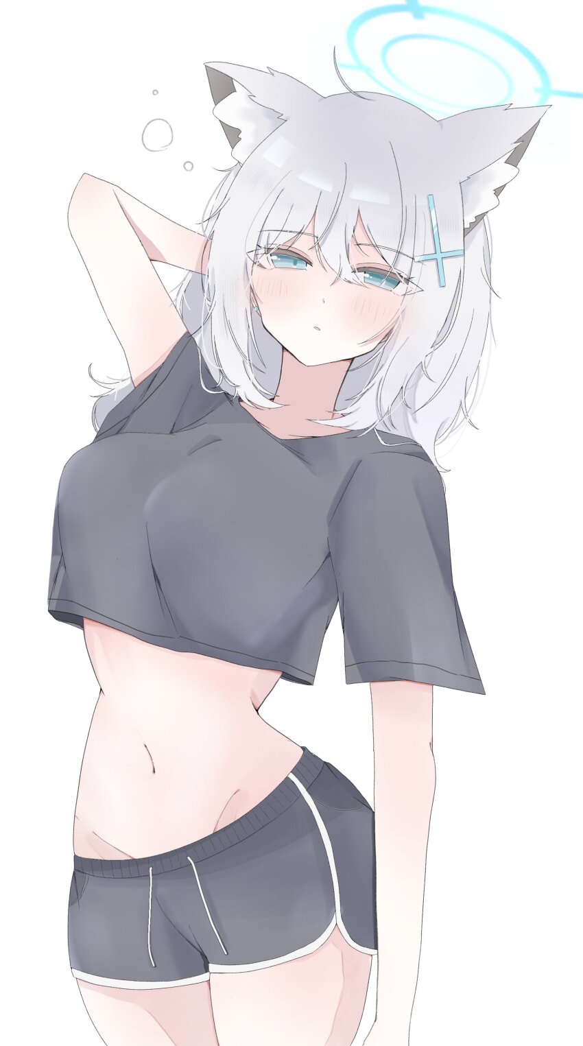 1girl absurdres alternate_costume animal_ear_fluff animal_ears black_shirt black_shorts blue_archive blush closed_mouth cropped_shirt cross_hair_ornament grey_hair hair_between_eyes hair_ornament hand_in_own_hair highres long_hair looking_at_viewer navel nemui_(xjqfw) shiroko_(blue_archive) shirt short_sleeves shorts solo stomach t-shirt wolf_ears wolf_girl