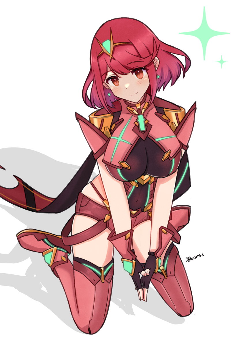 1girl absurdres black_gloves blush breasts chest_jewel closed_mouth commentary earrings fingerless_gloves full_body gem gloves headpiece highres jewelry kneeling large_breasts looking_at_viewer own_hands_together pyra_(xenoblade) reason3_s red_eyes red_hair red_shorts red_thighhighs short_hair short_shorts shorts smile solo swept_bangs symbol-only_commentary thighhighs tiara xenoblade_chronicles_(series) xenoblade_chronicles_2