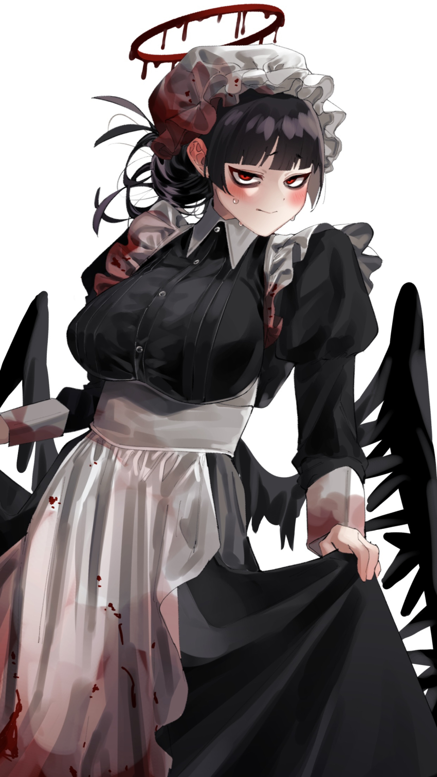 1girl alternate_costume apron black_dress black_hair black_wings blood blood_halo blood_on_clothes blue_archive blush breasts dress enmaided halo hat highres large_breasts liquid_halo looking_at_viewer low_wings maid maid_apron mob_cap red_eyes saharasabaku8 simple_background solo sweatdrop tsurugi_(blue_archive) waist_apron white_apron white_background wings