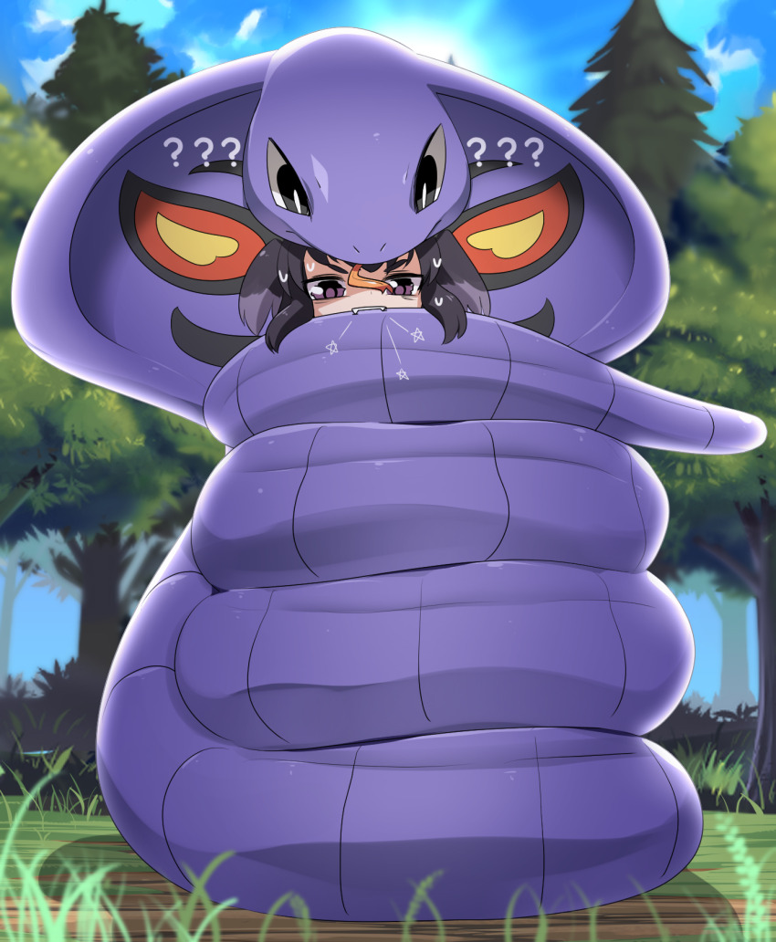 1girl arbok black_hair blue_sky commentary_request commission constriction crossover day forest gen_1_pokemon grass highres kantai_collection lets0020 nature nintendo outdoors pine_tree pokemon pokemon_(creature) purple_eyes short_hair skeb_commission sky snake tokitsukaze_(kancolle) tree upper_body