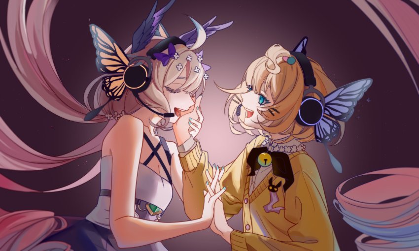 2girls absurdly_long_hair absurdres ahoge aqua_nails bell bird_girl blonde_hair blue_dress blue_hair bob_cut bow bowtie breasts cardigan cleavage closed_eyes dress dress_shirt duet enna_alouette ethyria flower gradient_background green_eyes hair_flower hair_ornament hairclip hand_on_another&#039;s_face head_wings headset highres holding_hands jingle_bell long_hair long_sleeves low_twintails mielexander millie_parfait multicolored_hair multiple_girls music nail_polish nijisanji nijisanji_en open_mouth orange_cardigan purple_background purple_bow purple_bowtie purple_dress purple_wings school_uniform shirt short_hair singing sleeveless small_breasts twintails very_long_hair virtual_youtuber white_flower white_shirt wings