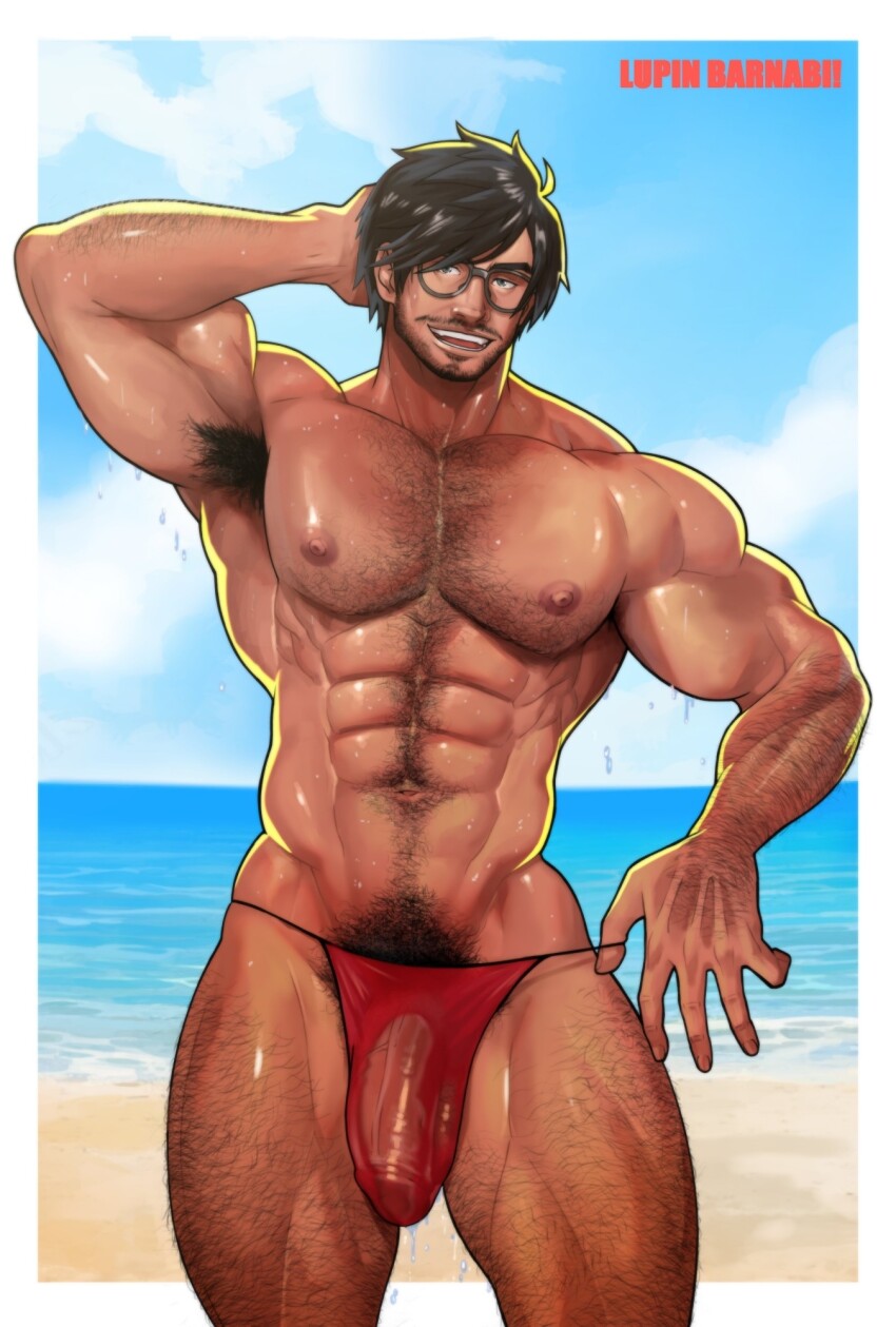 1boy abs arm_hair armpit_hair bara beach beard_stubble biceps broad_shoulders brown_hair chest_hair facial_hair final_fantasy final_fantasy_xiv glasses grey_eyes groin highres huge_pectorals large_penis leg_hair lupin_barnabi male_focus muscular muscular_male navel nipples penis pubic_hair red_thong see-through_male_swimwear shiny_skin smile solo stomach_hair stubble v-taper veins veiny_penis warrior_of_light_(ff14) wet