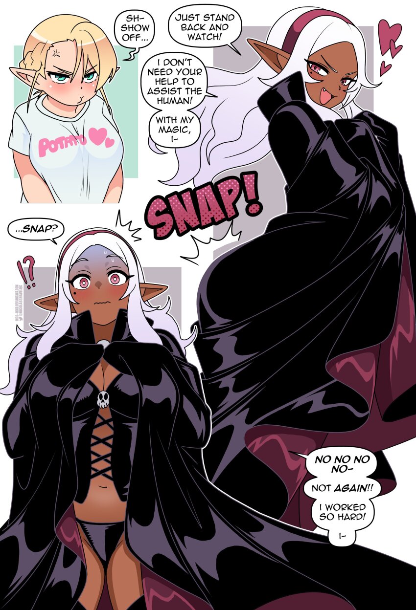 2girls absurdres black_bustier black_cloak blonde_hair blush braid cloak dark-skinned_female dark_elf dark_skin elf elf-san_wa_yaserarenai. elfuda_(elf-san_wa_yaserarenai.) embarrassed english_text hairband highres inconvenient_ass kuroeda_(elf-san_wa_yaserarenai.) long_hair long_pointy_ears mole mole_under_eye multiple_girls multiple_views nico-neko pointy_ears shirt skull_ornament smug speech_bubble wardrobe_malfunction white_hair white_shirt